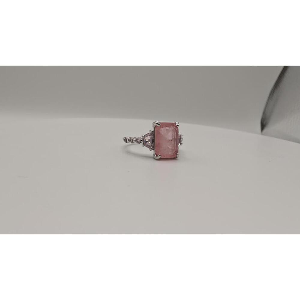 Silver Ring with Rectangular Pink Gemstone and Accent Stones Size 7 - Picture 7 of 9